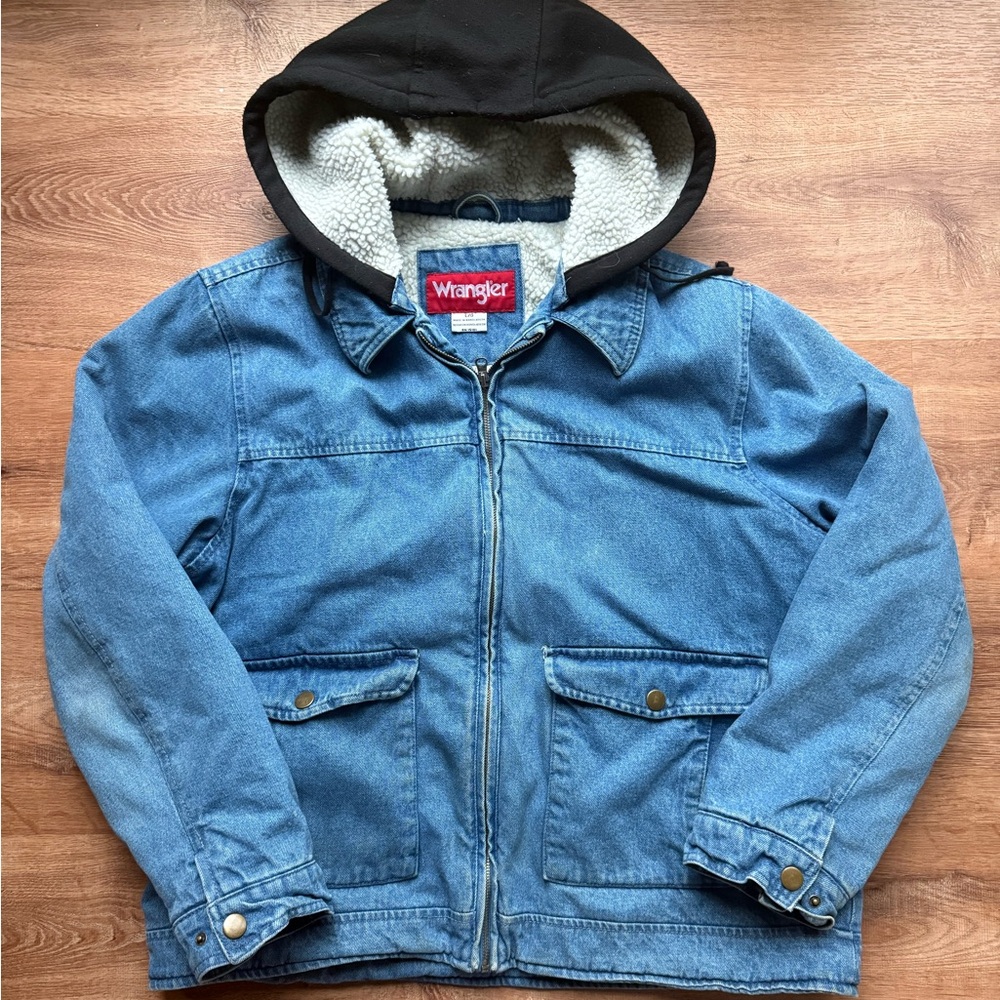 Wrangler Light Blue Denim Jacket with Black Hood and Cream Sherpa